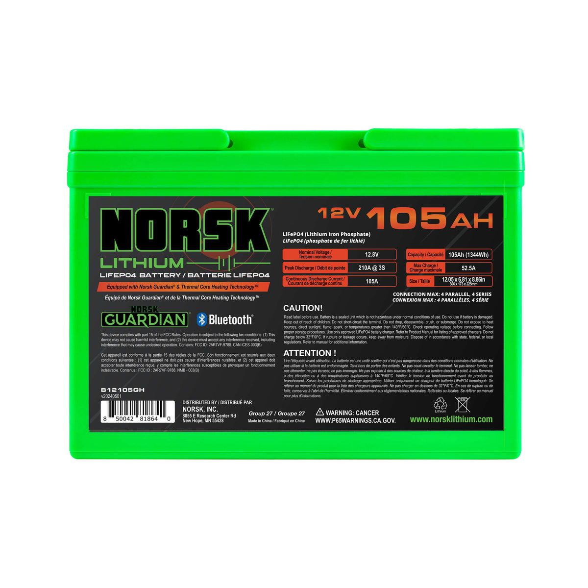 Norsk 12V 105AH Heated LIFEPO4 Lithium Battery